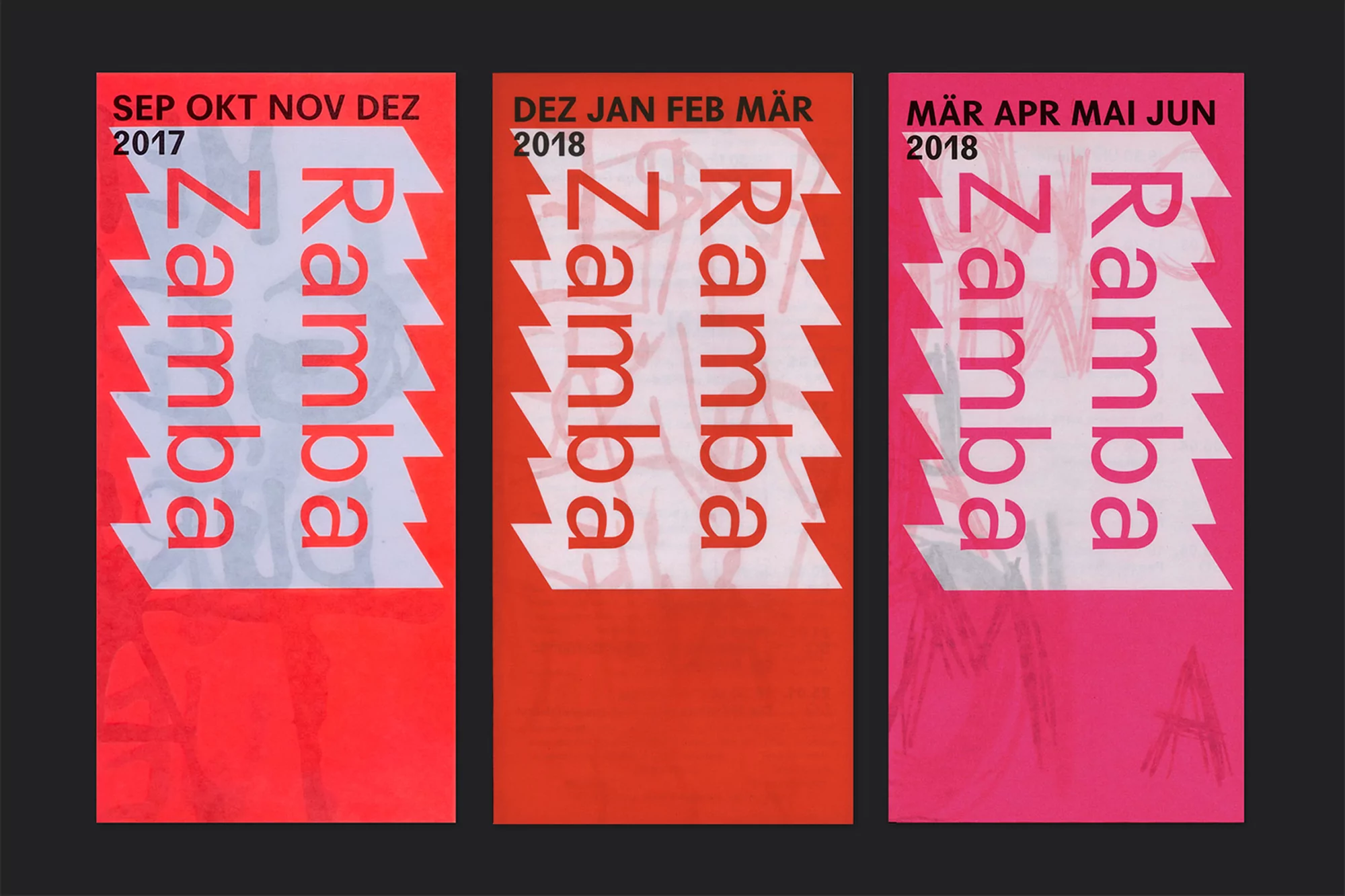 Three graphic posters in shades of red and pink display the words Ramba and Zamba, along with the months of the year 2017 and 2018.