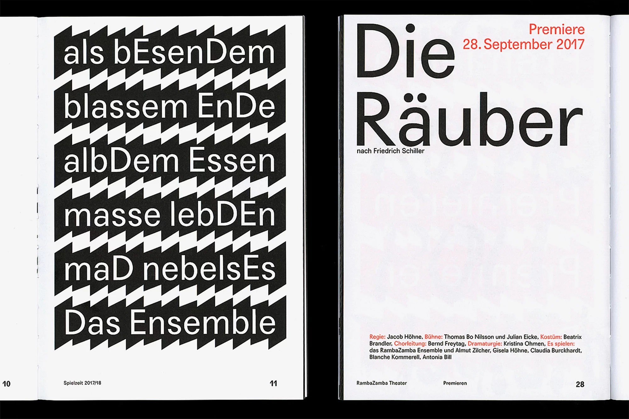 Theater program with geometric patterns and play title 'Die Räuber' in bold, black typography. Premiere date: September 28, 2017.