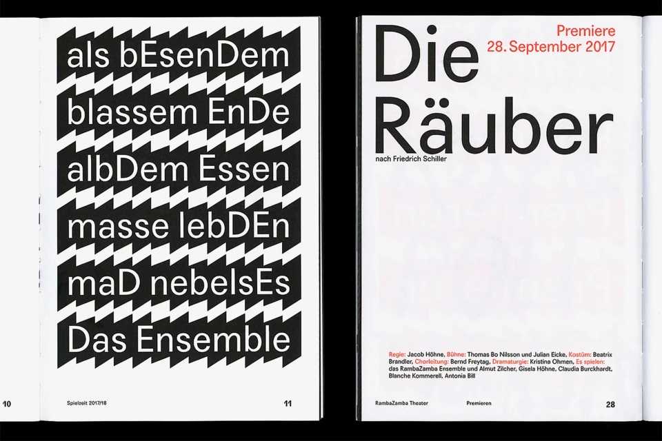Theater program with geometric patterns and play title 'Die Räuber' in bold, black typography. Premiere date: September 28, 2017.