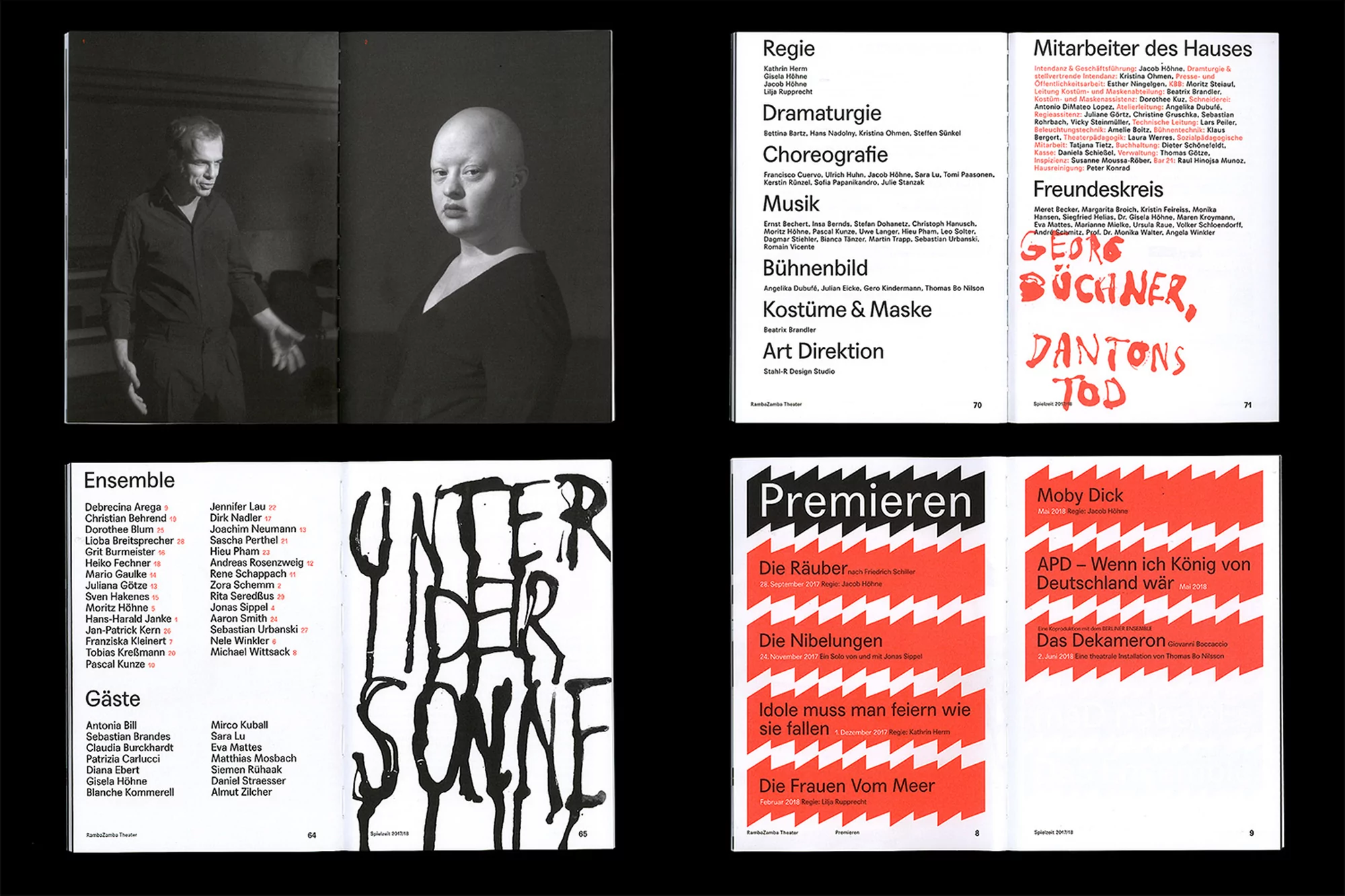 Magazine spread features two humans on the left and stylized graphic design elements in red and black on the right side of the shot.