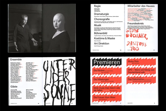 Magazine spread features two humans on the left and stylized graphic design elements in red and black on the right side of the shot.