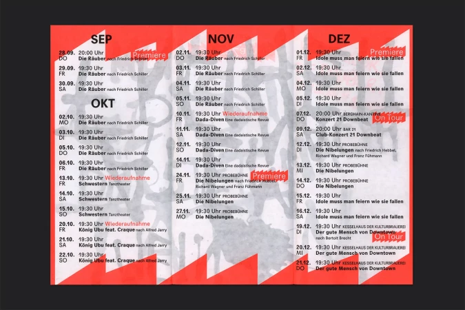 Theater performance schedule poster in red and white with performance dates, times, and titles in German, creating a visually informative display.