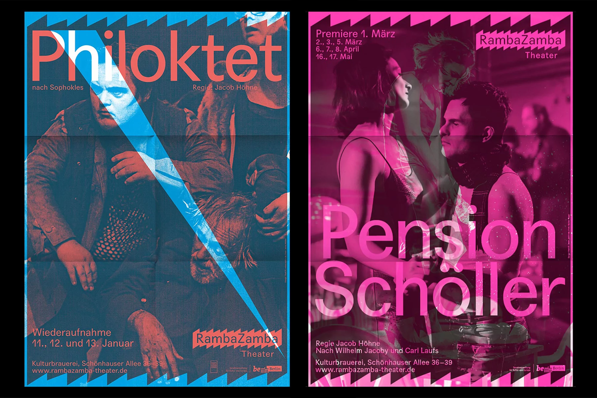 Two theatre posters side by side, one in blue and red tones, the other in pink. Each features performers and play title typography.
