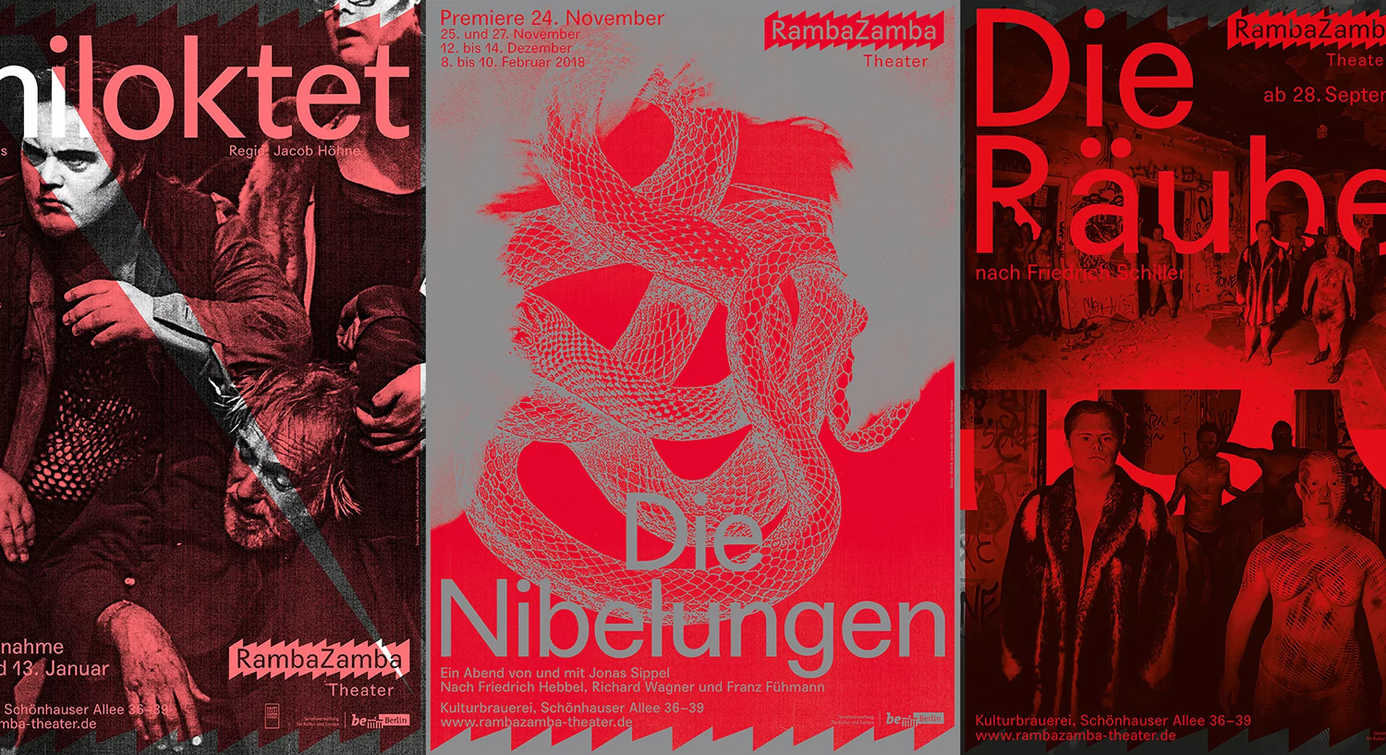 Theatre posters promote RambaZamba's productions of Niloktet, Die Nibelungen, and Die Räube, with cast members' images and title texts.