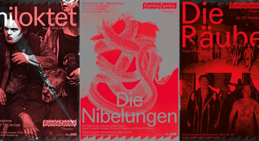 Theatre posters promote RambaZamba's productions of Niloktet, Die Nibelungen, and Die Räube, with cast members' images and title texts.