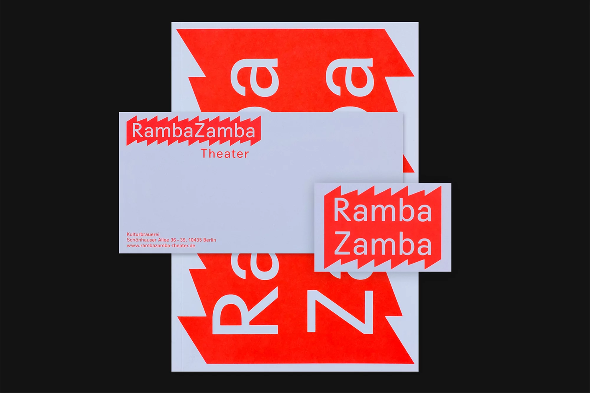 Promotional material for RambaZamba Theater featuring a business card and poster with red graphics and bold text on a white background.