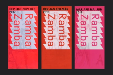 Three vertical graphic posters for RambaZamba featuring bold typography, jagged white banner shapes, and vibrant red, orange, and pink colors