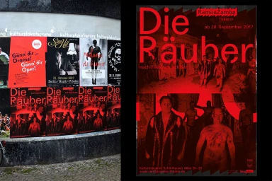 RambaZamba Theater poster for Die Räuber pasted on an urban wall alongside other event posters in Berlin.