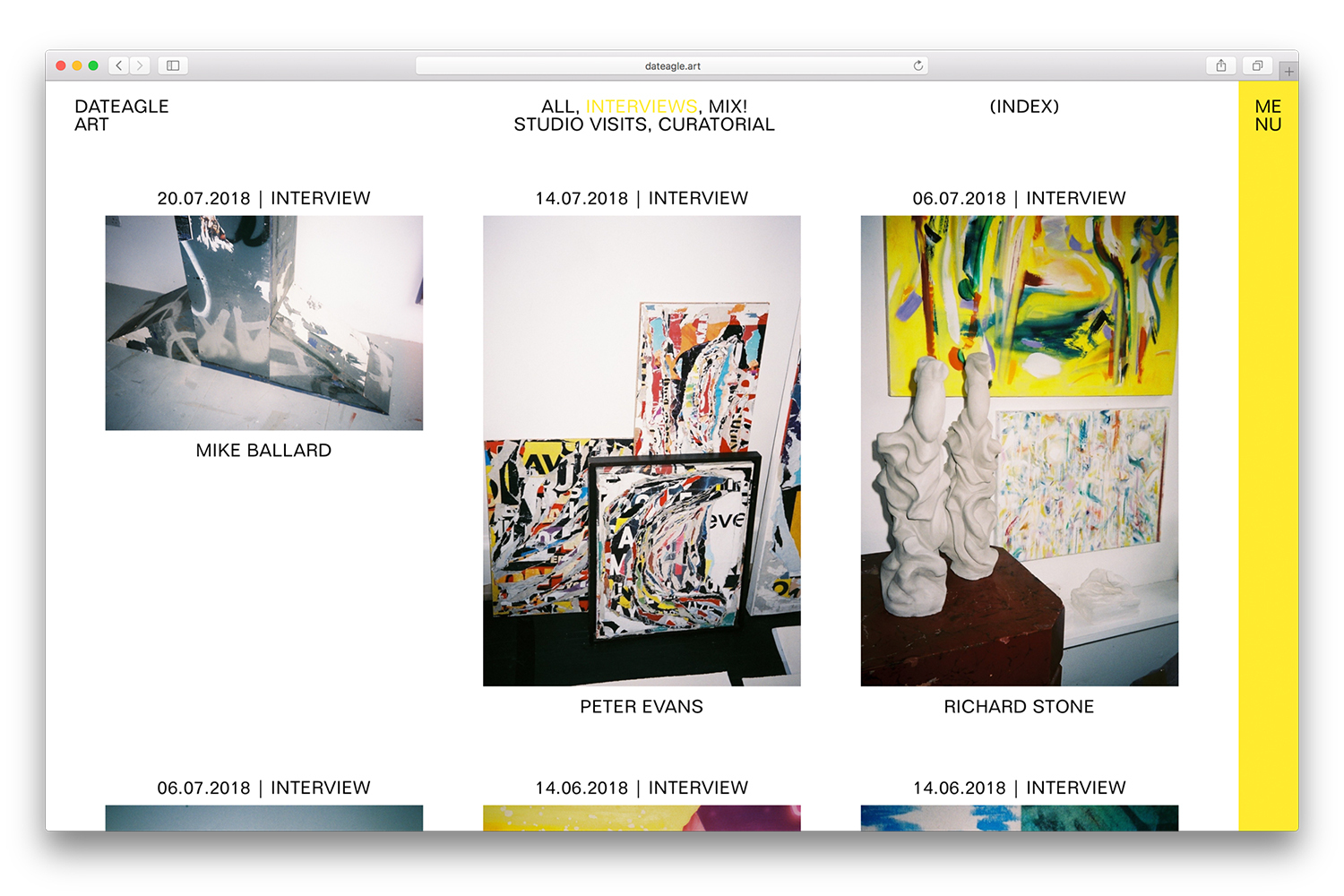 Website display featuring art gallery pages for Mike Ballard, Peter Evans, and Richard Stone with images of artwork and sculptures.