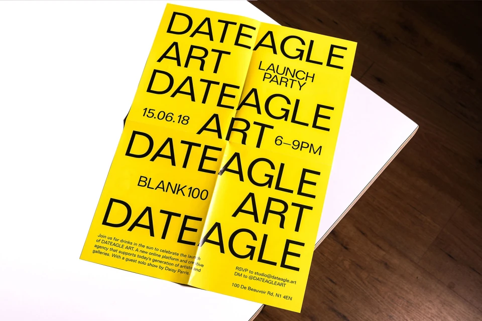 Event poster featuring Dateagle Art launch party, text in bold black font against a yellow background. Invitation for drinks, June 15, 2018.