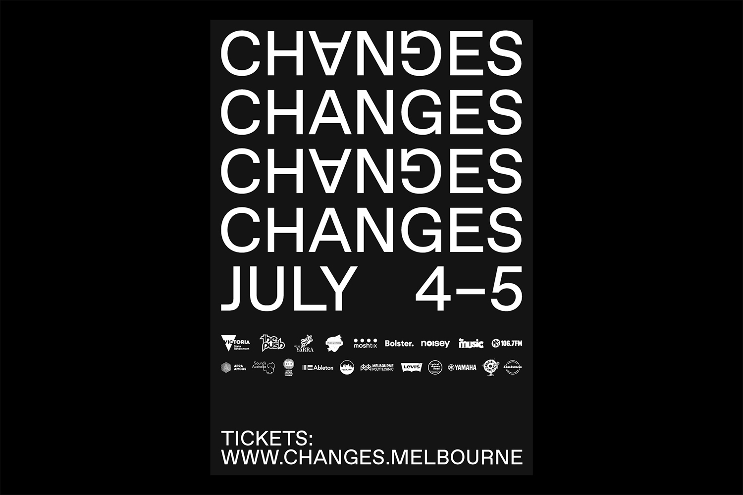 White typographic poster on a black background features the word 'CHANGES' repeated with a date and event sponsor logos.