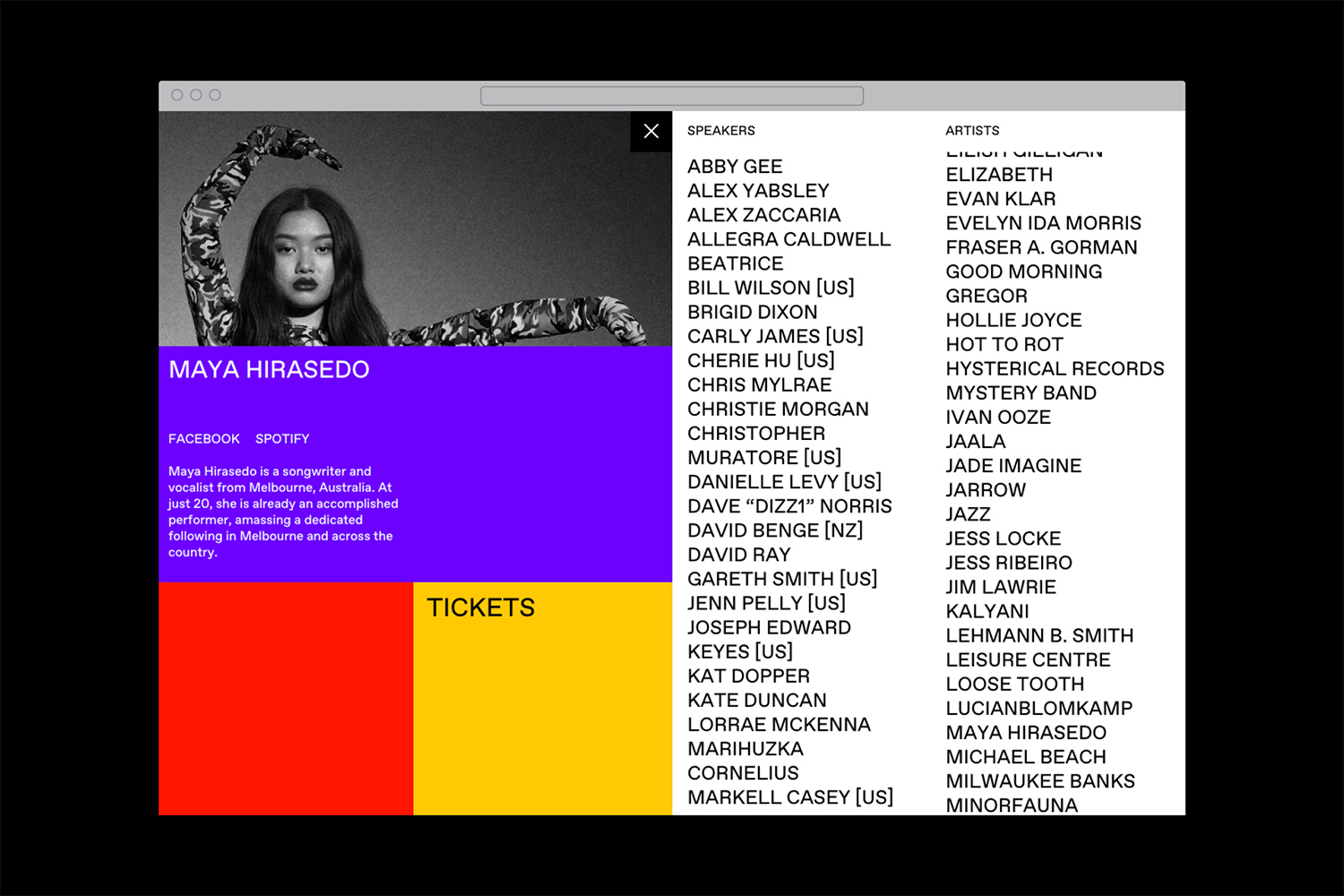 Online advertisement featuring Maya Hirasedo's name on a purple banner and a list of speakers and artists on a website.