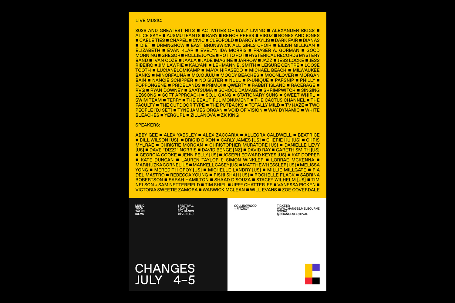 A poster with a large yellow upper section featuring a comprehensive lineup of text and black boxes, set above a white block and black footer.