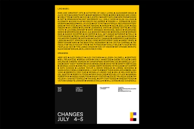 A poster with a large yellow upper section featuring a comprehensive lineup of text and black boxes, set above a white block and black footer.