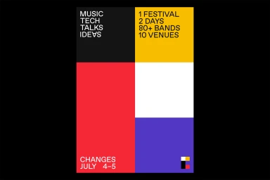 Minimalist graphic poster with bold color blocks of red, yellow, blue, black, and white featuring typography.