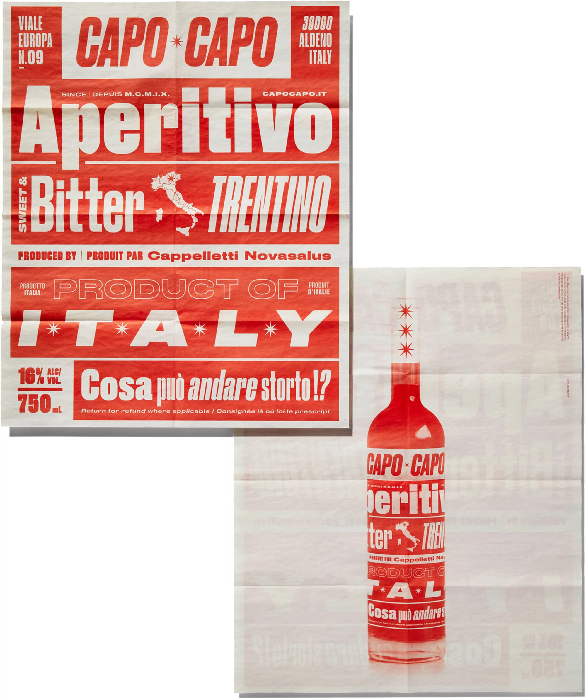 Artistic advertising poster featuring Capo Capo Aperitivo Bitter Trentino with bold typography and bright red accents on folded paper texture.