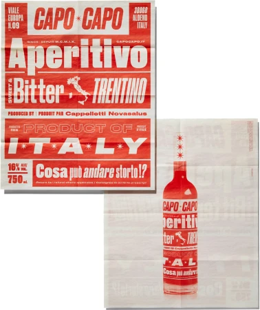 Artistic advertising poster featuring Capo Capo Aperitivo Bitter Trentino with bold typography and bright red accents on folded paper texture.