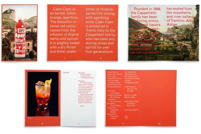 Capo Aperitivo advertisement featuring a product bottle with a mountain view, cocktail recipe, and detailed product information.