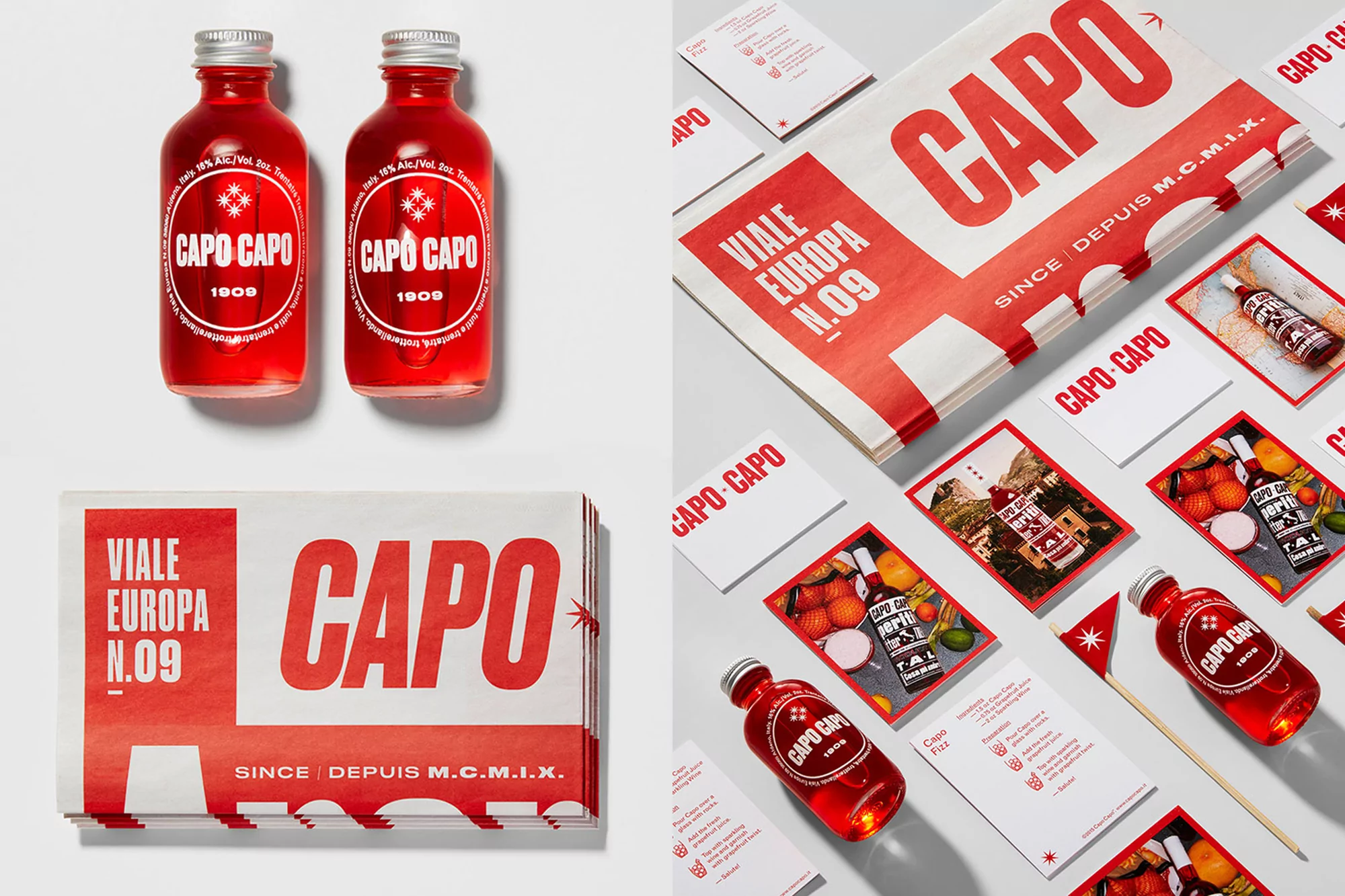 Product still life featuring Capo Capo brand drink bottles with silver caps, promotional newspapers, and cards on a white surface.