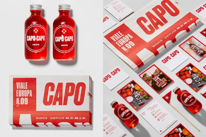 Product still life featuring Capo Capo brand drink bottles with silver caps, promotional newspapers, and cards on a white surface.