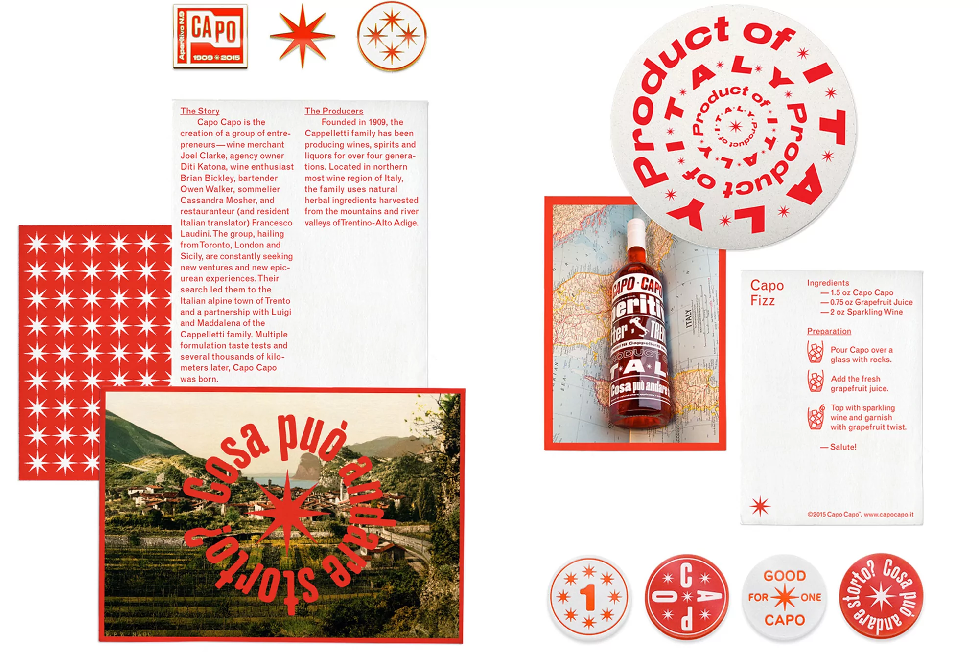 Promotional display featuring Capo Capo aperitivo with beverage recipe, Italian landscape, product badges, and brand logos in red and white.