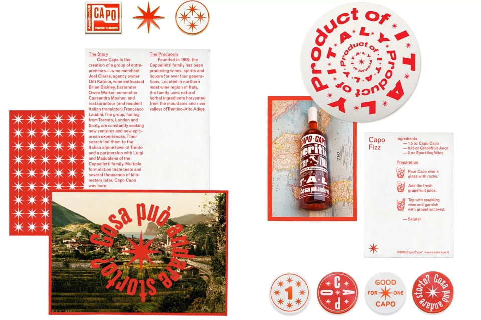 Promotional display featuring Capo Capo aperitivo with beverage recipe, Italian landscape, product badges, and brand logos in red and white.