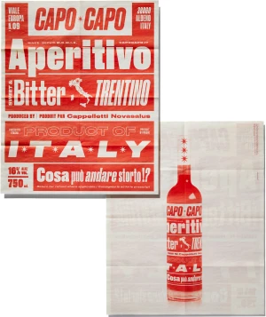 Red and white graphic design layout featuring bold typography, Italian text, and a bottle of Aperitivo Bitter.