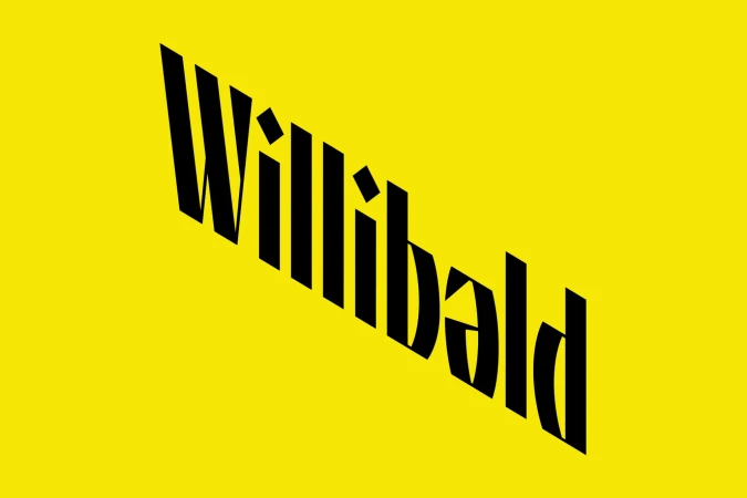 Bold, black 'Willibald' text diagonally spans a vibrant yellow background, creating a striking, high-contrast graphic design.