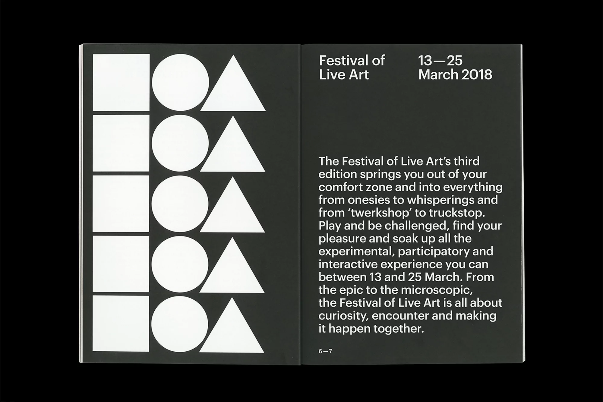 Minimalist flyer for Festival of Live Art in March 2018: a double-page spread with geometric shapes and bold typography on black background.