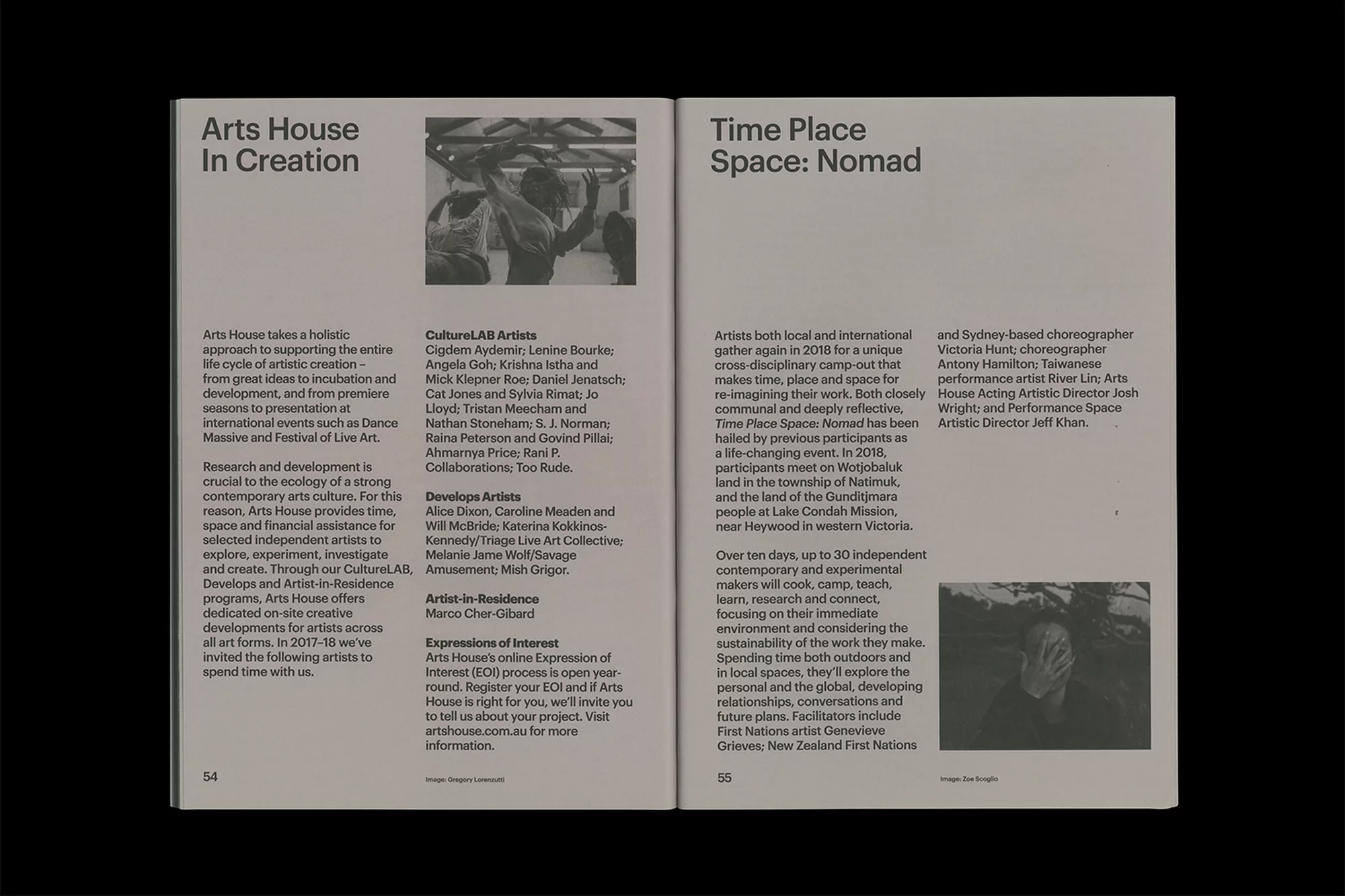 Magazine spread featuring Arts House in Creation and Time Place Space: Nomad, with text and images showcasing artists and programs.