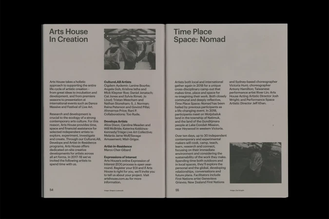 Magazine spread featuring Arts House in Creation and Time Place Space: Nomad, with text and images showcasing artists and programs.