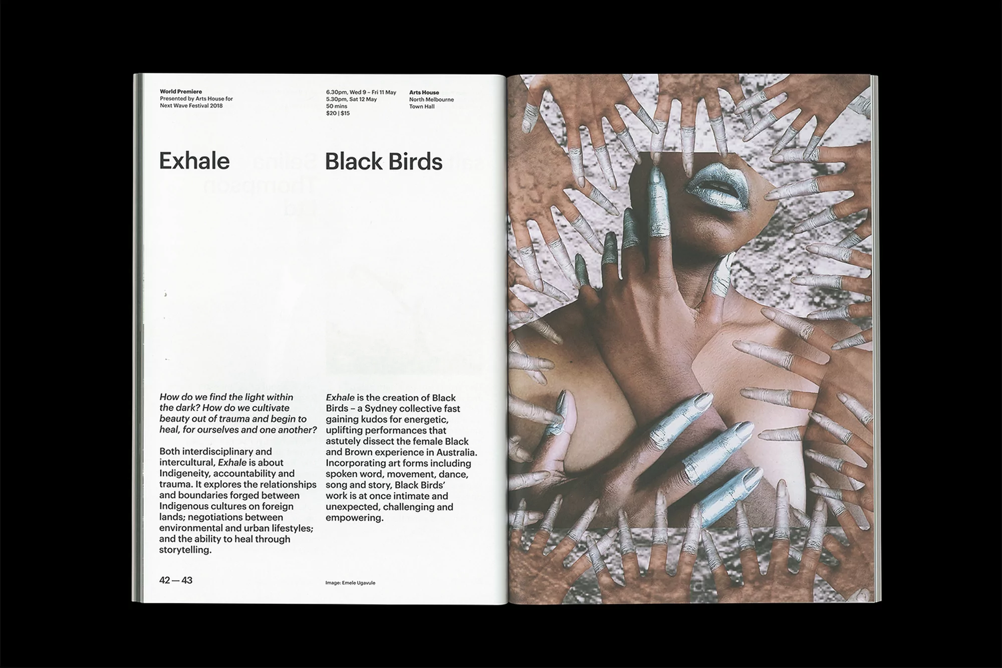 Artistic magazine spread with a woman's portrait surrounded by hands with silver painted nails, creating an otherworldly editorial image.