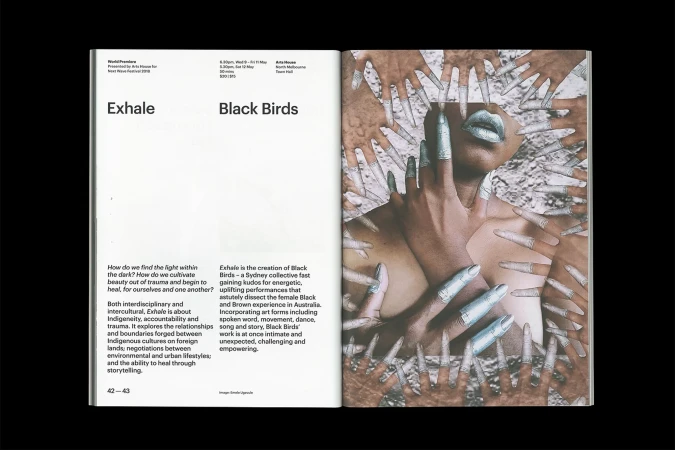 Artistic magazine spread with a woman's portrait surrounded by hands with silver painted nails, creating an otherworldly editorial image.