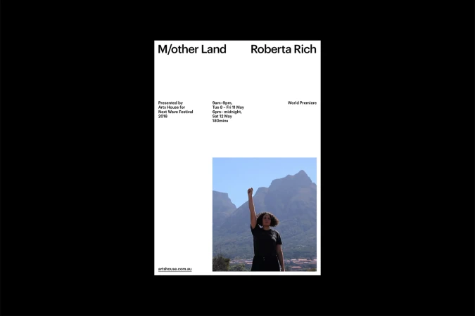 Movie poster features a woman raising her fist in front of mountains under a blue sky, with event details and text overlayed.