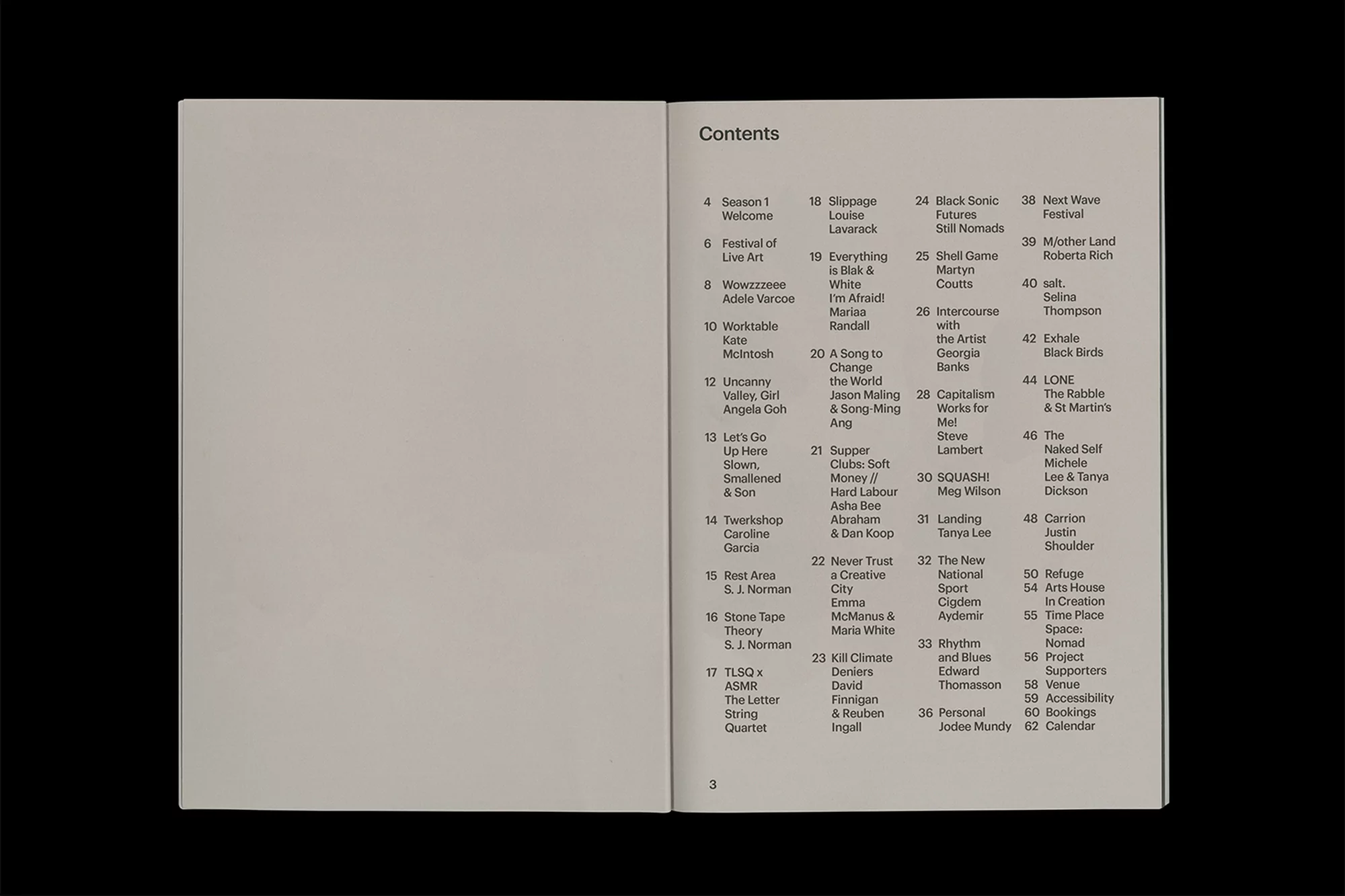 Open magazine spread features a table of contents with titles like 'Black Sonic Futures' and 'Festival of Live Art' on light grey paper.