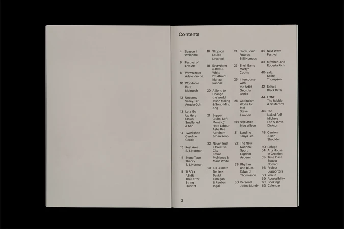Open magazine spread features a table of contents with titles like 'Black Sonic Futures' and 'Festival of Live Art' on light grey paper.