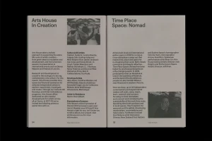 Open spread of Arts House publication featuring typographic layout and black and white photographs