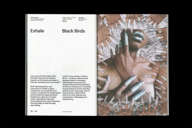 Open brochure spread showing typography for Exhale by Black Birds alongside a photomontage artwork with silver-tipped hands.