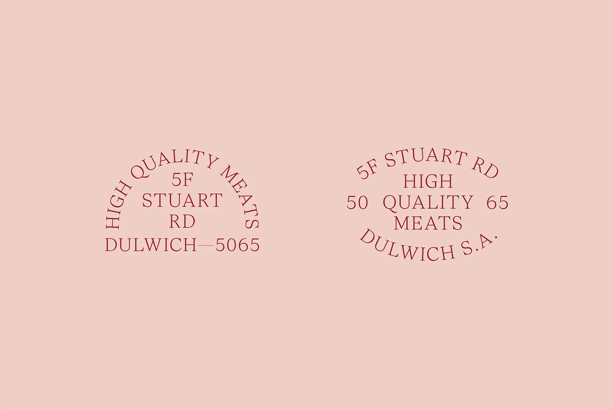 Two stylized text stamps, one on the left and one on the right, featuring 'High Quality Meats' and address information on a light pink background.