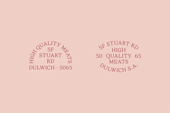 Two stylized text stamps, one on the left and one on the right, featuring 'High Quality Meats' and address information on a light pink background.