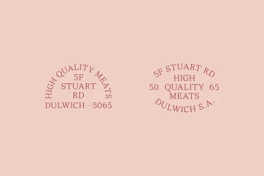 Minimalist graphic design brand identity for Dulwich Butchery featuring red typography on a solid pink background.