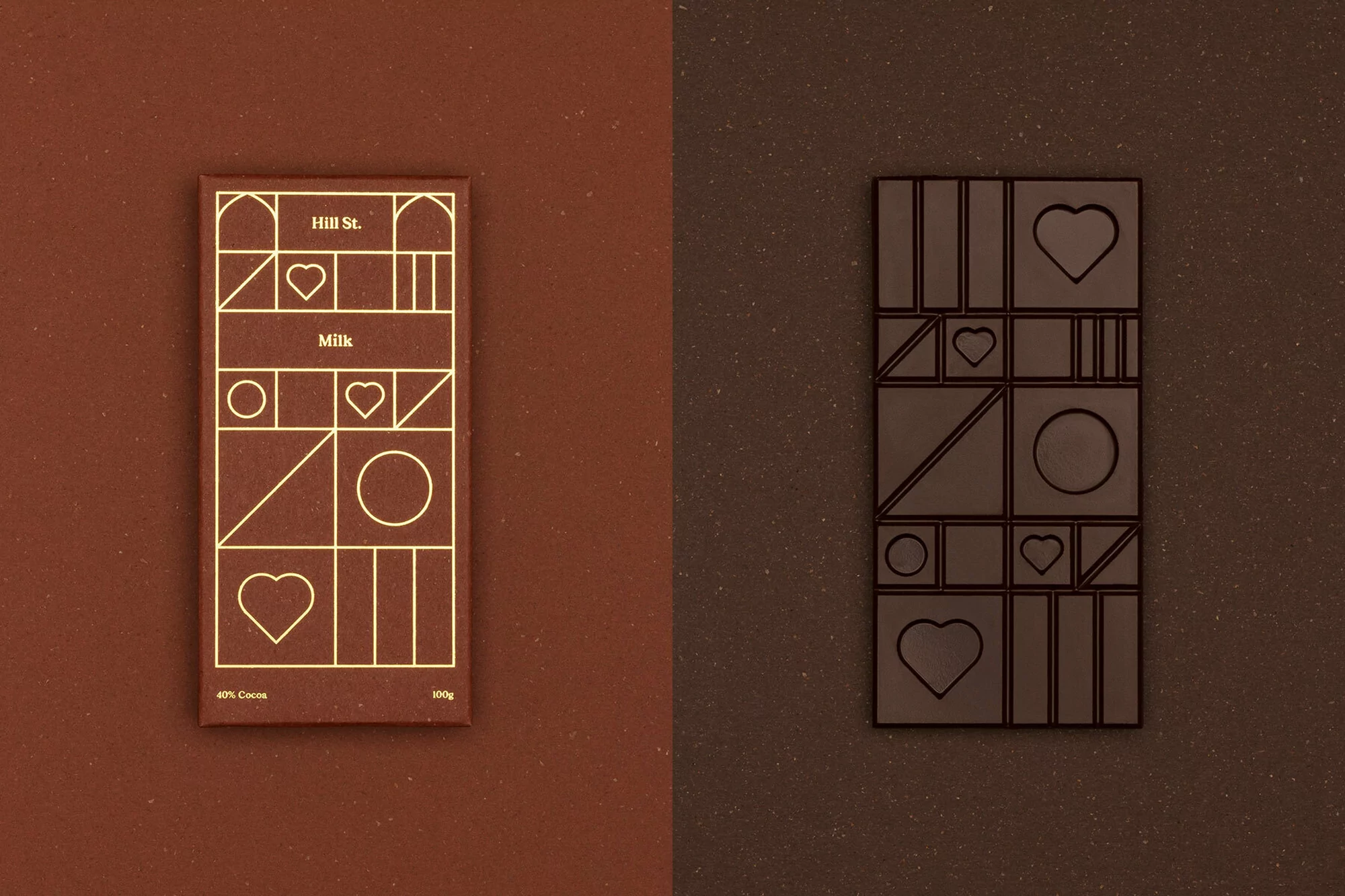 Two milk chocolate bars, one with gold graphic geometric design, the other with geometric chocolate pieces, on brown backgrounds.