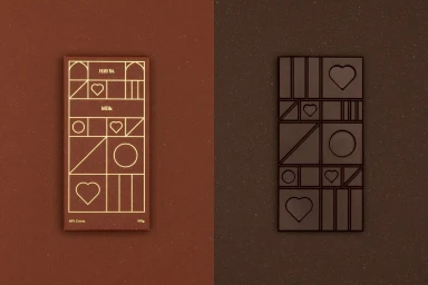 Top-down view of two chocolate bars with geometric line-art patterns on a split rust and dark brown textured background.