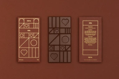 Three dark brown chocolate bars with gold geometric foil packaging arranged flat against a matching brown background.