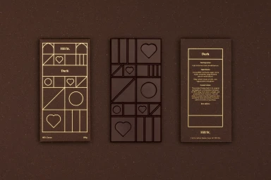 Three dark chocolate bars featuring geometric gold line packaging and molded shapes laid flat on a dark textured brown surface.