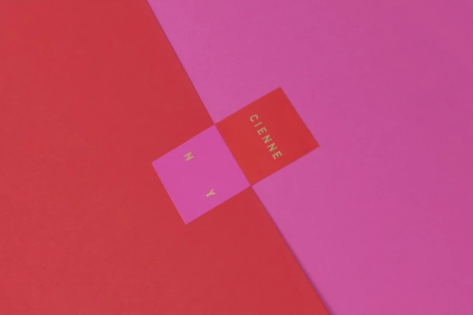 Cienne brand identity graphic design featuring pink and red color blocks with metallic gold lettering.