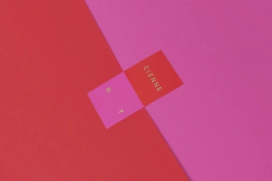 Cienne brand identity graphic design featuring pink and red color blocks with metallic gold lettering.