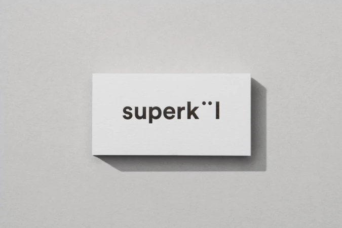 Promotional image of a white business card on a grey surface featuring the bold black text 'superk°°l', suggesting a modern brand.
