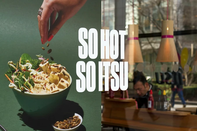 Bowl of salad with tofu and toppings, with a hand sprinkling seeds, next to view through restaurant window and text "So Hot So Itsu".
