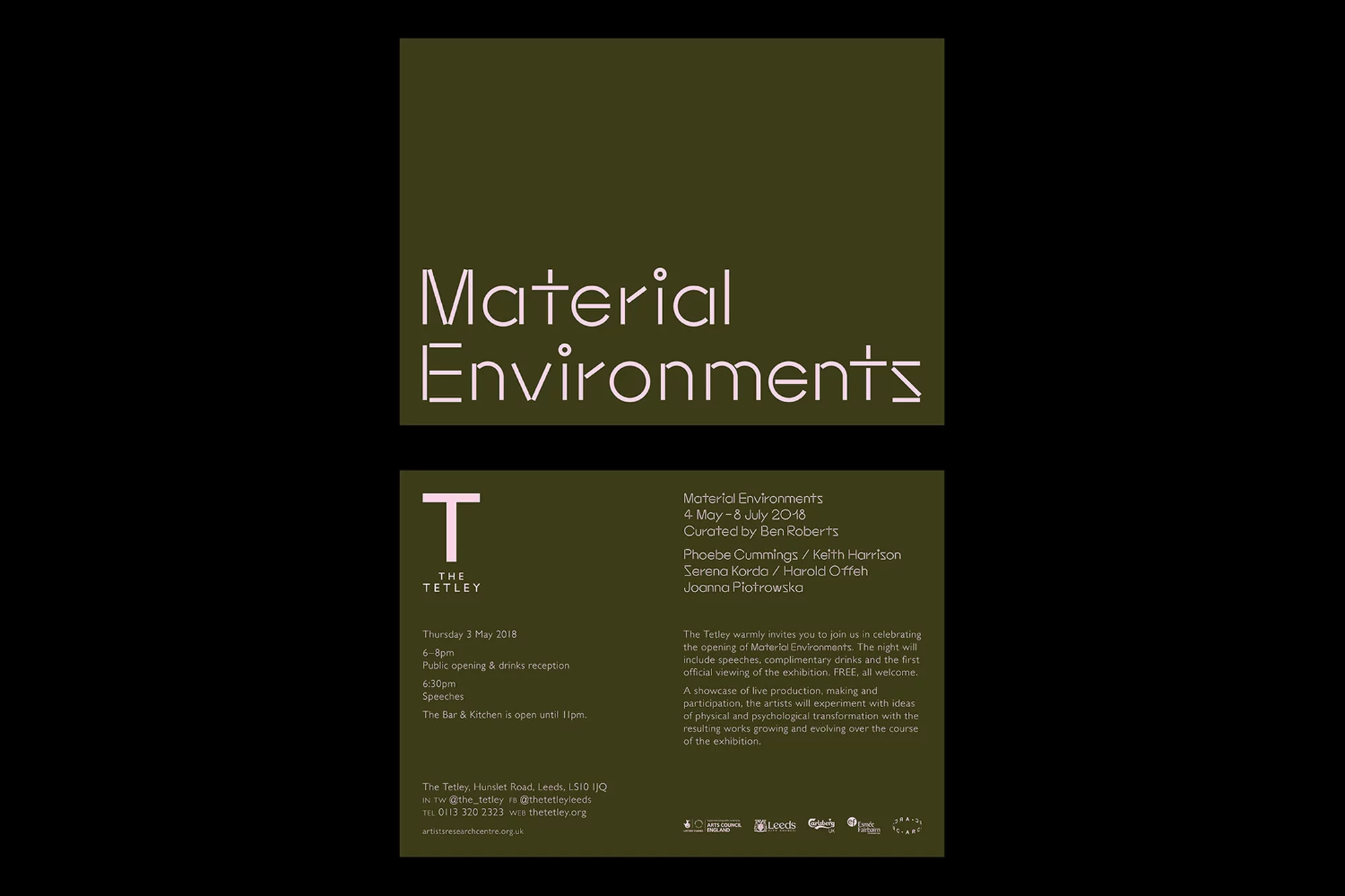 Promotional art event poster featuring the title 'Material Environments', event details, venue information, and participating artist names.